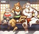  anthro blush bulge cai1448331577 canine clothing dog eyes_closed feline food fruit fundoshi happy hi_res horkeukamui japanese_clothing kemono lion male mammal melon moritaka one_eye_closed open_mouth scar slightly_chubby speedo swimsuit tokyo_afterschool_summoners underwear watermelon wink wolf 