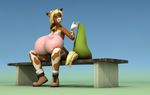 3d_(artwork) annabelle_cow anthro anthroanim areola bench big_breasts blonde_hair bovine breasts cattle clothing cowbell digital_media_(artwork) female fur hair horn huge_breasts hyper mammal nipples simple_background sitting smile solo 