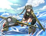  aircraft airplane blue_sky bow_(weapon) camouflage cloud commentary day flight_deck green_hair grey_hair hakama_skirt kantai_collection long_hair muneate nuppunuppu ocean outdoors remodel_(kantai_collection) rudder_shoes sky smirk twintails water weapon zuikaku_(kantai_collection) 