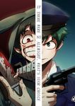  animal_hood black_hair blood blood_on_face boku_no_hero_academia bunny_hood closed_mouth crazy_smile english freckles frown green_eyes green_hair gun handgun hat holding holding_gun holding_weapon hood knife male_focus midoriya_izuku oop_(tepeness77) personality_switch pistol police police_hat police_uniform red_eyes revolver split_screen text_focus uniform weapon what_if 