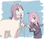  alpaca animalization blue_background blue_robe closed_mouth commentary cup dot_nose dual_persona hair_over_one_eye heart holding holding_cup little_witch_academia looking_at_viewer pink_hair purple_hair red_eyes robe saliva smile standing sucy_manbavaran teacup umiroku wide_sleeves 