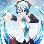  :d aqua_eyes aqua_hair bespectacled blue-framed_eyewear detached_sleeves glasses hatsune_miku headset long_hair looking_at_viewer necktie nekobaka open_mouth outstretched_arm semi-rimless_eyewear skirt sleeveless smile solo twintails vocaloid 