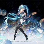  achyue anniversary aqua_hair blue_eyes boots character_name detached_sleeves electric_guitar full_body guitar hatsune_miku headset highres instrument long_hair md5_mismatch necktie open_mouth skirt solo stratocaster thigh_boots thighhighs twintails very_long_hair vocaloid 