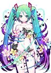  aqua_hair bad_id bad_pixiv_id breasts bug butterfly butterfly_hair_ornament commentary_request cowboy_shot edamame_senpai flower gradient_hair green_eyes green_hair hair_ornament hatsune_miku highres insect long_hair looking_at_viewer medium_breasts multicolored_hair navel nude purple_hair solo twintails very_long_hair vocaloid white_background 