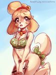  animal_crossing anthro bangs bell bell_collar blush bow bra breasts brown_eyes canine cleavage clipboard clothed clothing collar dog eifie embarrassed female floppy_ears isabelle_(animal_crossing) mammal midriff navel nintendo open_mouth outside pen pinup ponytail pose ribbons secretary sky solo summer tail_bow tail_ribbon teeth underwear video_games 