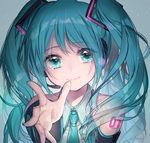  absurdres aqua_eyes aqua_hair aqua_neckwear arm_tattoo bangs collared_shirt commentary_request detached_sleeves grey_background hatsune_miku headset highres long_hair necktie reaching_out shirt smile solo tattoo tears twintails upper_body vocaloid yukiko_(tesseract) 