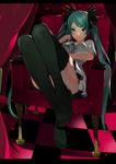  akuan_(7jackpot7) chair checkered checkered_floor commentary green_eyes green_hair hatsune_miku highres long_hair reclining smile solo thighhighs twintails very_long_hair vocaloid world_is_mine_(vocaloid) 