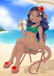  alcohol anthro beach beverage bikini brown_hair chair clothing cocktail female flower flower_in_hair footwear green_eyes hair hi_res holding_object inner_ear_fluff long_hair looking_at_viewer mammal mustelid one_eye_closed otter outside parasol plant sandals seaside sitting smile solo swimsuit wink yuxare 