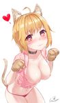  :3 ahoge animal_ears bangs blonde_hair blush breasts breasts_outside cat_ears cat_tail cleavage closed_mouth collar collarbone cowboy_shot crop_top eyebrows_visible_through_hair frills hands_up heart heart-shaped_pupils highres large_breasts legs_together long_hair looking_at_viewer navel nipples nose_blush original paw_pose red_eyes short_sleeves simple_background smile solo symbol-shaped_pupils tail thighs very_long_hair wet.elephant whisker_markings white_background 
