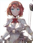  aqua_eyes ark_royal_(kantai_collection) bob_cut bow_(weapon) breasts cleavage compound_bow hairband itomugi-kun kantai_collection looking_at_viewer machinery red_hair ribbon short_hair simple_background small_breasts smile solo tiara weapon white_background 