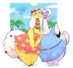  amelia_(xingscourge) anthro anthrofied bandage beauty_mark blush bow clothed clothing digital_media_(artwork) duo eyewear female female/female fluffy fluffy_tail fur goodra hair hat hi_res horn huge_hips kiwi_(potoobrigham) long_hair looking_at_viewer mega_ampharos mega_evolution nintendo open_mouth overweight palm_tree pok&eacute;mon pose potoobrigham purple_eyes simple_background slightly_chubby smile standing stripes summer sundress sunglasses tongue tree video_games white_fur wide_hips xingscourge 