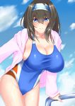  bangs black_hair blue_eyes blue_sky blue_swimsuit blush breasts cleavage cloud cloudy_sky competition_swimsuit covered_navel cowboy_shot curvy day eyebrows_visible_through_hair hair_between_eyes hairband highres hood hoodie idolmaster idolmaster_cinderella_girls large_breasts leaning_forward long_hair looking_at_viewer one-piece_swimsuit open_clothes open_hoodie outdoors pool_ladder sagisawa_fumika sankakusui sky smile solo swimsuit tareme teeth thighs 