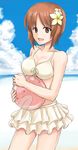  :d anglerfish ball beach beachball blonde_hair blue_eyes breasts brown_eyes brown_hair cleavage cloud commentary_request day girls_und_panzer hair_ornament medium_breasts mutsu_(layergreen) nishizumi_miho ocean open_mouth outdoors short_hair smile solo swimsuit swimsuit_skirt upper_body water 
