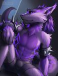  ailaanne anthro big_ears bioluminescence boxers_(clothing) bulge canine clothed clothing fish fur glowing hi_res hybrid looking_at_viewer male maltheron_(oc) mammal marine purple_fur shark sitting smile solo underwear wolf 
