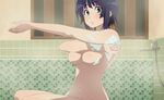  amorphous anime_coloring black_hair blue_eyes blush breasts commentary_request covering covering_breasts highres kuromukuro large_breasts looking_at_viewer nude shirahane_yukina short_hair solo washing 