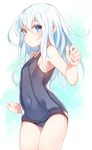  bare_shoulders blue_eyes blue_swimsuit breasts covered_navel cowboy_shot expressionless hair_between_eyes hibiki_(kantai_collection) kantai_collection long_hair one-piece_swimsuit school_swimsuit sideboob sidelocks simple_background small_breasts solo swimsuit tsunekichi white_hair 