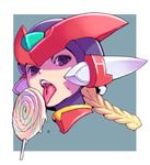  blonde_hair braid candy close-up face food genderswap genderswap_(mtf) helmet honzawa_yuuichirou lollipop long_hair looking_at_viewer open_mouth rockman rockman_zero tongue tongue_out zero_(rockman) 