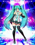  ass_visible_through_thighs black_legwear blue_eyes blue_hair blue_nails detached_sleeves full_body genzoman hatsune_miku long_hair looking_at_viewer nail_polish necktie open_mouth panties pantyshot pantyshot_(standing) revision skirt smile solo spotlight stage standing striped striped_panties thigh_gap thighhighs twintails underwear very_long_hair vocaloid 