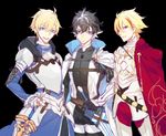  ahoge armor arthur_pendragon_(fate) black_background black_hair blonde_hair blue_eyes cape charlemagne_(fate) commentary excalibur_(fate/prototype) fate/extella fate/extella_link fate/extra fate/prototype fate/strange_fake fate_(series) gauntlets green_eyes highres hood joyeuse_odre krab multicolored_hair multiple_boys open_mouth red_cape red_eyes saber_(fate/strange_fake) short_hair simple_background smile streaked_hair sword two-tone_hair weapon white_cape 
