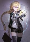  alternate_costume angry bag bangs black_bow black_ribbon black_shorts blazer blonde_hair bow braid briefcase closed_mouth cowboy_shot electricity fate/apocrypha fate_(series) floating_hair gauntlets hair_bow hair_ribbon holding holding_bag jacket jeanne_d'arc_(fate) jeanne_d'arc_(fate)_(all) long_hair looking_at_viewer md5_mismatch open_blazer open_clothes open_jacket popped_collar purple_eyes ribbon scowl serious shijiu_(adamhutt) shirt short_shorts shorts single_braid single_gauntlet solo thighhighs tress_ribbon tsurime very_long_hair watch white_shirt wristwatch 