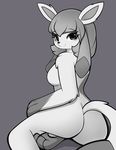  2017 anthro anthrofied breasts butt eeveelution eyelashes female glaceon grey_background greyscale hair hi_res looking_at_viewer looking_back monochrome nintendo pinkcappachino pok&eacute;mon pok&eacute;morph side_boob simple_background smile solo video_games 