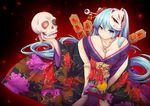  absurdres aqua_eyes aqua_hair bare_shoulders fox_mask hatsune_miku highres japanese_clothes kimono long_hair looking_at_viewer mask nail_polish off_shoulder skull solo twintails vocaloid yuzuki_kei 