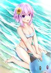  arm_support beach bikini blush breasts cleavage collarbone day dogoo happy highres looking_at_viewer midriff muwa12 navel neptune_(choujigen_game_neptune) neptune_(series) open_mouth outdoors pink_bikini pink_hair purple_eyes sitting sky small_breasts smile stomach swimsuit water 