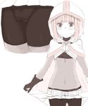  1girl absurdres belt bike_shorts blush cameltoe cape close-up crop_top embarrassed eyebrows_visible_through_hair gloves hands_up hood lifted_by_self looking_at_viewer mahou_shoujo_madoka_magica minami_rena monochrome multiple_views nakanun navel pleated_skirt short_hair simple_background skirt skirt_lift solo sweat turtleneck wavy_mouth white_background 