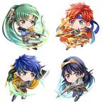  2girls armor blue_eyes blue_hair blush bow_(weapon) cape chibi cosplay durandal_(fire_emblem) eliwood_(fire_emblem) eliwood_(fire_emblem)_(cosplay) fire fire_emblem fire_emblem:_fuuin_no_tsurugi fire_emblem:_kakusei fire_emblem:_rekka_no_ken fire_emblem:_souen_no_kiseki fire_emblem_heroes gloves green_eyes green_hair greil greil_(cosplay) headband high_ponytail ike jewelry long_hair lucina lyndis_(fire_emblem) multiple_boys multiple_girls ponytail red_hair roy_(fire_emblem) short_hair smile sword tiara weapon 