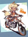  animal_ears bike_shorts blush breasts commentary_request crab_man dark_skin fang ground_vehicle leaf leaf_on_head looking_at_viewer motor_vehicle motorcycle open_mouth red_eyes small_breasts solo tail 