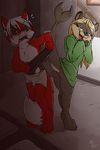  2017 anthro black_sclera blonde_hair blush bottomless brown_fur bulge butt canine clothed clothing duo female fox fuf fur green_eyes hair jenny_(ajdurai) looking_back male mammal mustelid otter penis_outline red_eyes red_fur young 