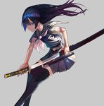  black_hair black_legwear blue_eyes fuchi_(hilt) habaki highres holding holding_sword holding_weapon katana long_hair original pleated_skirt sageo saya_(scabbard) school_uniform serafuku sheath skirt solo sword thighhighs tsuba_(guard) tsuka-ito tsuka_(handle) ukimesato unsheathing weapon 