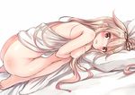  ass barefoot bed_sheet black_ribbon blonde_hair blush breasts commentary_request eyebrows_visible_through_hair hair_flaps hair_ornament hair_ribbon hairclip kantai_collection long_hair looking_at_viewer lying medium_breasts naked_sheet nude open_mouth pillow red_eyes remodel_(kantai_collection) ribbon simple_background solo white_background white_pillow wide-eyed yukishiro_arute yuudachi_(kantai_collection) 