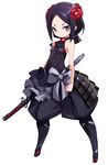  armor black_hair blush breasts commentary_request hair_ornament highres japanese_armor karukan_(monjya) kusazuri looking_at_viewer princess_principal purple_eyes sheath sheathed shirt short_hair small_breasts solo sword tight_shirt toudou_chise weapon 