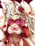  animal_ears breasts china_dress chinese_clothes dress flower flower_knight_girl fox_ears fox_tail hair_flower hair_ornament higanbana_(flower_knight_girl) large_breasts long_hair looking_at_viewer multiple_tails petals red_eyes smile solo suzume_(simple0091) tail white_hair wide_sleeves 