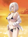  bikini black_bikini blue_eyes breasts cloud covered_nipples cowboy_shot hair_over_one_eye hamakaze_(kantai_collection) jacket jewelry kantai_collection large_breasts micro_bikini necklace ocean sameha_ikuya short_hair side-tie_bikini silver_hair sky solo sunset swimsuit water white_jacket 