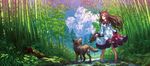  animal animal_ears bamboo bamboo_forest bare_legs barefoot blue_sky brown_hair cloud cloudy_sky day dress forest highres imaizumi_kagerou long_hair long_sleeves nature outdoors red_eyes scenery sky tail touhou wading wasabichan wolf wolf_ears wolf_tail 
