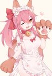  :3 animal_ears apron bad_id bad_pixiv_id bell bell_collar breasts cleavage collar fang fate/grand_order fate_(series) fox_ears fox_tail fukurou_(hvgd5584) hair_ribbon highres large_breasts long_hair looking_at_viewer maid_headdress naked_apron one_eye_closed open_mouth paws pink_hair ribbon sideboob solo tail tamamo_(fate)_(all) tamamo_cat_(fate) yellow_eyes 