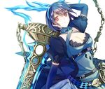 alice_(sinoalice) arm_up bangs belt blue_dress blue_gloves blue_hair breasts cleavage commentary_request dress elbow_gloves eyebrows_visible_through_hair gloves highres holding holding_sword holding_weapon large_breasts looking_at_viewer parted_lips puffy_short_sleeves puffy_sleeves red_eyes saijou_haruki short_hair short_sleeves sidelocks simple_background sinoalice solo sword upper_body weapon white_background 