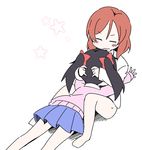  bare_legs barefoot black_hair blue_skirt blush bow cardigan closed_eyes glomp hair_bow hug long_sleeves love_live! love_live!_school_idol_project multiple_girls nekotoufu nishikino_maki no_nose pink_shirt red_bow red_hair shirt skirt star sweat sweater twintails wavy_mouth white_background white_shirt yazawa_nico yuri 