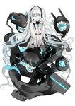  alternate_costume bangs bare_arms bare_shoulders blue_eyes blue_fire bxr cannon choker commentary crossover dark_persona eyebrows_visible_through_hair fire gloves glowing glowing_eyes hair_between_eyes hatsune_miku head_tilt headphones kantai_collection long_hair looking_at_viewer parted_lips shinkaisei-kan silver_hair simple_background sitting sketch solo teeth twintails v_arms very_long_hair vocaloid white_background white_skin 
