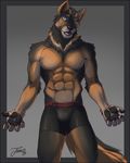  5_fingers abs anthro briefs brown_background brown_fur bulge canine clothing confusion dog eyebrows feralise fingerpads fur german_shepherd green_eyes grey_fur male mammal multicolored_fur muscular muscular_male pose simple_background solo standing tan_fur tight_underwear underwear 