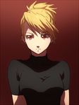  black_shirt blonde_hair brown_eyes earrings fullmetal_alchemist jewelry looking_away red_background riru riza_hawkeye serious shadow shirt simple_background solo tied_hair 