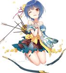  ;o archery arrow artist_request bare_shoulders blue_hair blue_skirt bow_(weapon) broken broken_weapon brown_eyes covering covering_breasts flower full_body gloves hair_flower hair_ornament kitsuki_(oshiro_project) kyuudou official_art one_eye_closed oshiro_project oshiro_project_re partly_fingerless_gloves short_hair skirt tearing_up torn_clothes transparent_background weapon yugake 