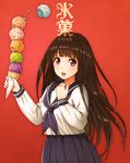  arms_up blouse blue_neckwear blue_sailor_collar blue_skirt character_name chitanda_eru commentary_request copyright_name eyebrows_visible_through_hair food holding hyouka ice_cream ice_cream_cone long_hair long_sleeves looking_at_viewer neckerchief open_mouth pleated_skirt poripori purple_eyes red_background sailor_collar school_uniform serafuku shiny shiny_hair skirt solo white_blouse 