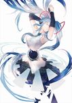  armpits arms_up bangs black_skirt blue_hair blue_neckwear closed_eyes closed_mouth commentary core detached_sleeves floating_hair hatsune_miku kachi long_hair necktie shirt sidelocks simple_background skirt sleeveless sleeveless_shirt solo very_long_hair vocaloid white_background white_shirt 