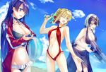  :d ;d ahoge ball bangs beach beachball bikini black_bikini blonde_hair blue_eyes blue_sky blush braid breasts cleavage cloud cloudy_sky collarbone d: day eyebrows_visible_through_hair fate/extra fate/extra_ccc fate/grand_order fate_(series) french_braid green_eyes hair_intakes hair_ribbon hand_up headpiece holding hood hoodie jeanne_d'arc_(alter)_(fate) jeanne_d'arc_(fate)_(all) large_breasts leaning_forward long_hair medium_breasts multiple_girls navel nero_claudius_(fate) nero_claudius_(fate)_(all) one-piece_swimsuit one_eye_closed open_clothes open_hoodie open_mouth outdoors purple_hair red_ribbon red_swimsuit ribbon saijou_haruki saint_martha saint_martha_(swimsuit_ruler)_(fate) sarong short_hair sidelocks silver_hair sky slingshot_swimsuit smile standing swimsuit thighs trigger_discipline v-shaped_eyebrows very_long_hair water_gun yellow_eyes 