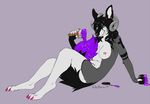  2016 anthro breasts canine claws ear_piercing facial_piercing female green_eyes hair horn mammal multicolored_tail neltruin nipple_piercing nipples nude paint paint_can paintbrush paws piercing simple_background solo tempesta_(scarywoof) wolf 