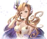  asymmetrical_bangs bangs braid breasts brown_hair collarbone commentary_request eustace-flamek flower granblue_fantasy green_eyes hair_flower hair_ornament head_tilt highres large_breasts long_hair parted_lips smile solo song_(granblue_fantasy) twitter_username upper_body white_background white_bikini_top 