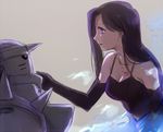  alphonse_elric armor black_hair dress elbow_gloves eye_contact fullmetal_alchemist gloves grey_background juliet_douglas long_hair looking_at_another purple_eyes riru simple_background sloth smile 